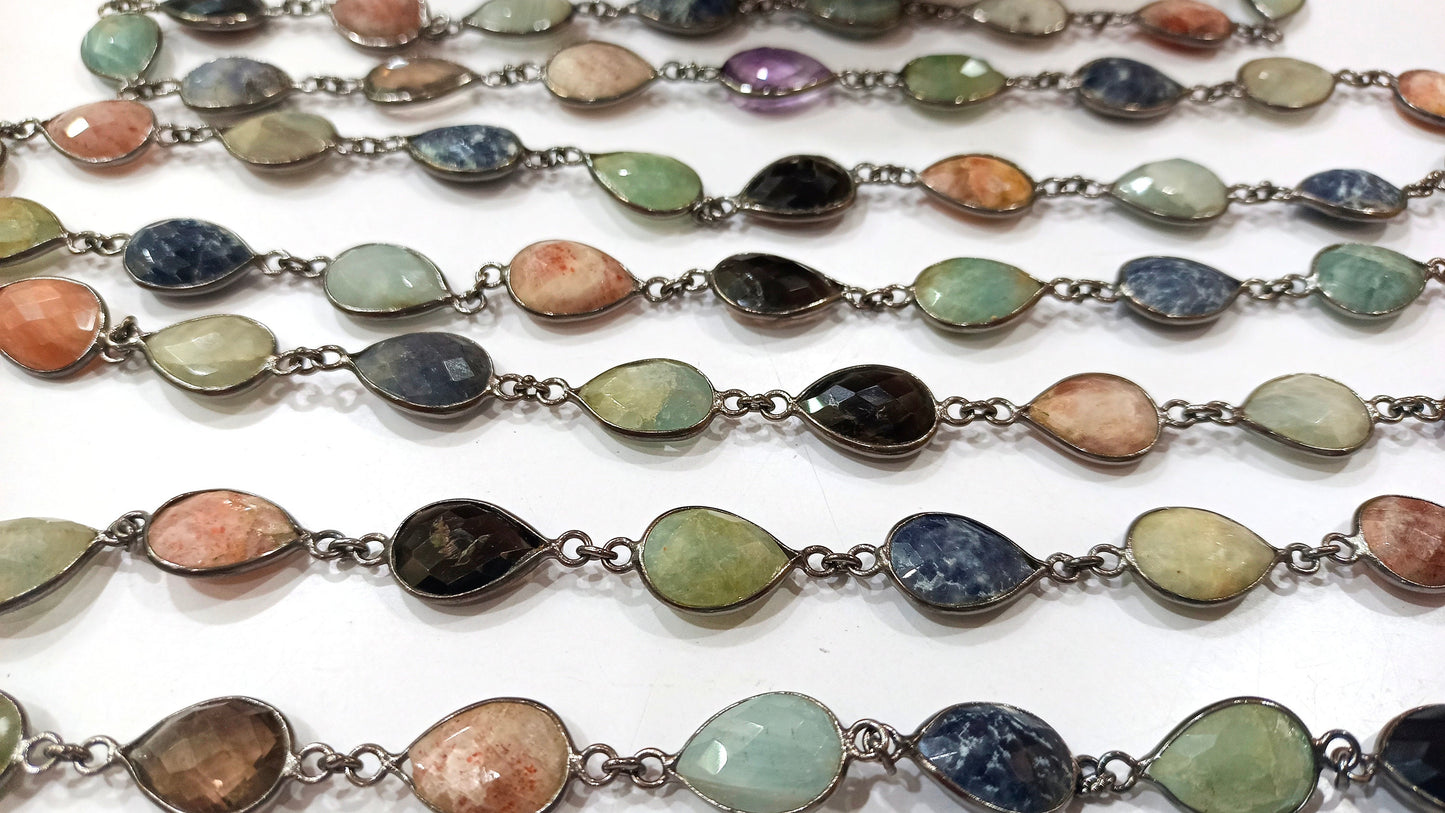 Natural Multi Gemstone Pear Shape  Briolette 10 to 15mm Bezel Connector Chain Sold Per Foot Great Quality Black Plated Chain