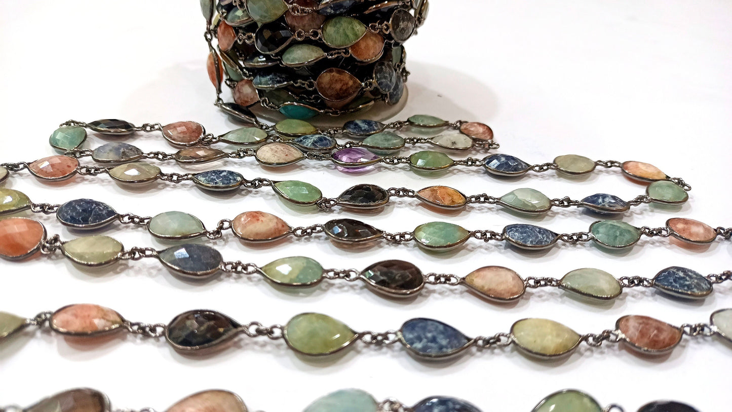 Natural Multi Gemstone Pear Shape  Briolette 10 to 15mm Bezel Connector Chain Sold Per Foot Great Quality Black Plated Chain