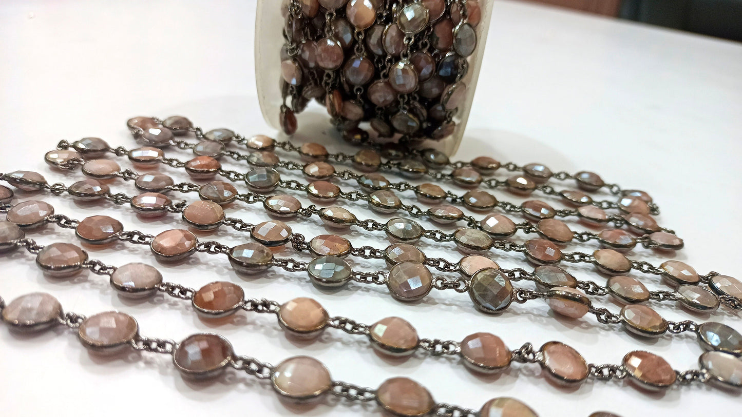 Natural Multi Moonstone Mystic Coated Coin Shape Briolette  12mm Bezel Connector Chain Sold Per Foot  Great Quality Black Plated Chain