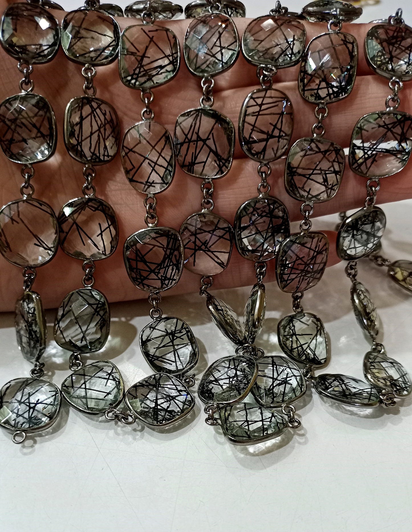 Black Rutilated Quartz Briolette Free Shape 12 to 15mm Bezel Connector Chain Sold Per Foot Best Quality Chain