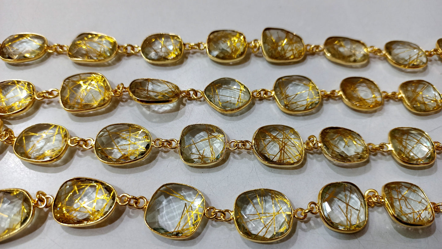 Yellow Rutilated Quartz Briolette Free Shape 12 to 15mm Bezel Connector Chain Sold Per Foot Best Quality Chain