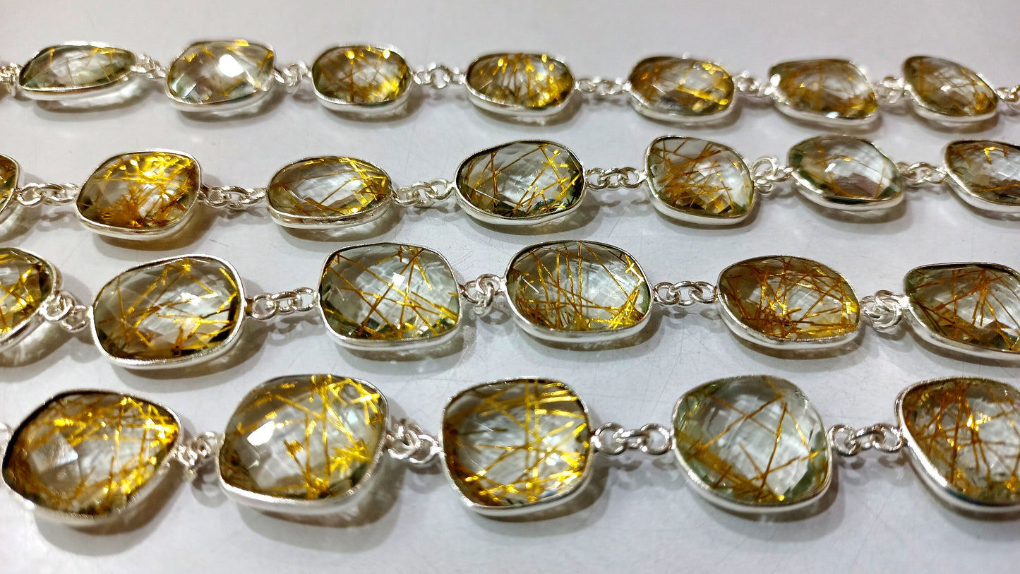 Yellow Rutilated Quartz Briolette Free Shape 12 to 15mm Bezel Connector Chain Sold Per Foot Best Quality Chain