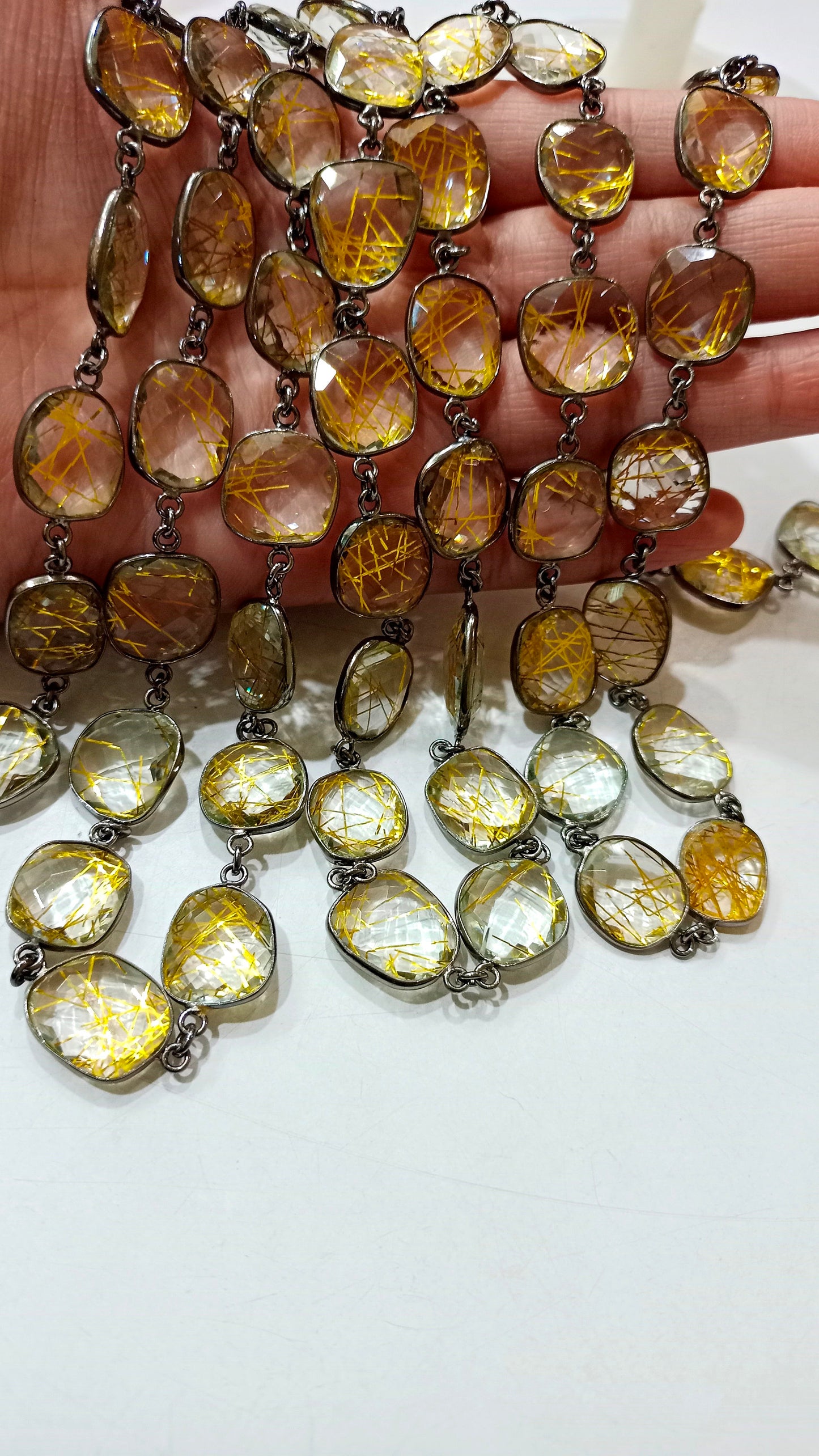 Yellow Rutilated Quartz Briolette Free Shape 12 to 15mm Bezel Connector Chain Sold Per Foot Best Quality Chain