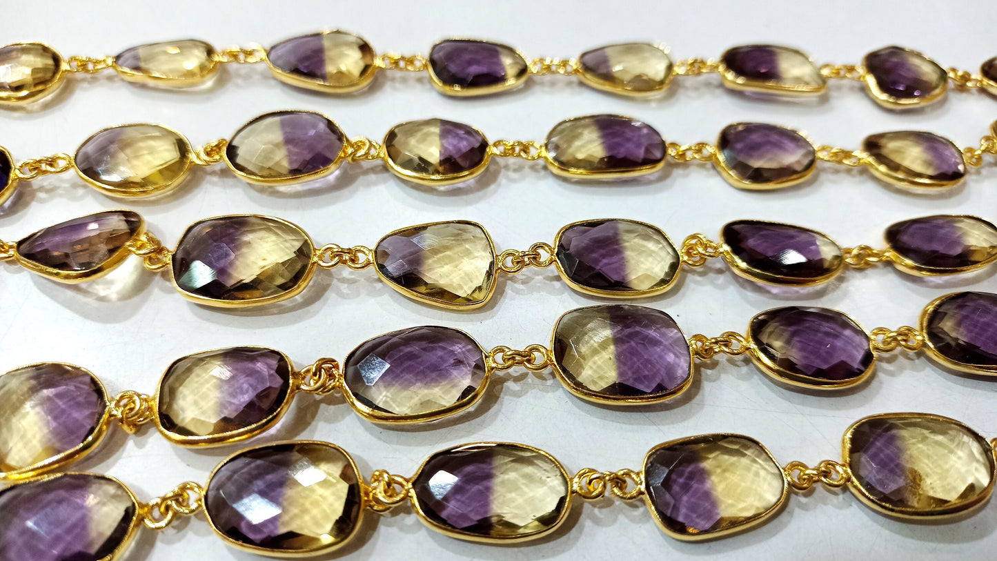 Ametrine Quartz Briolette Free Shape 12 to 15mm Bezel Connector Chain Sold Per Foot Best Quality Chain