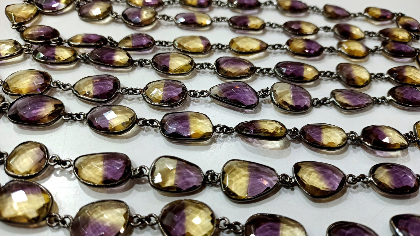 Ametrine Quartz Briolette Free Shape 12 to 15mm Bezel Connector Chain Sold Per Foot Best Quality Chain