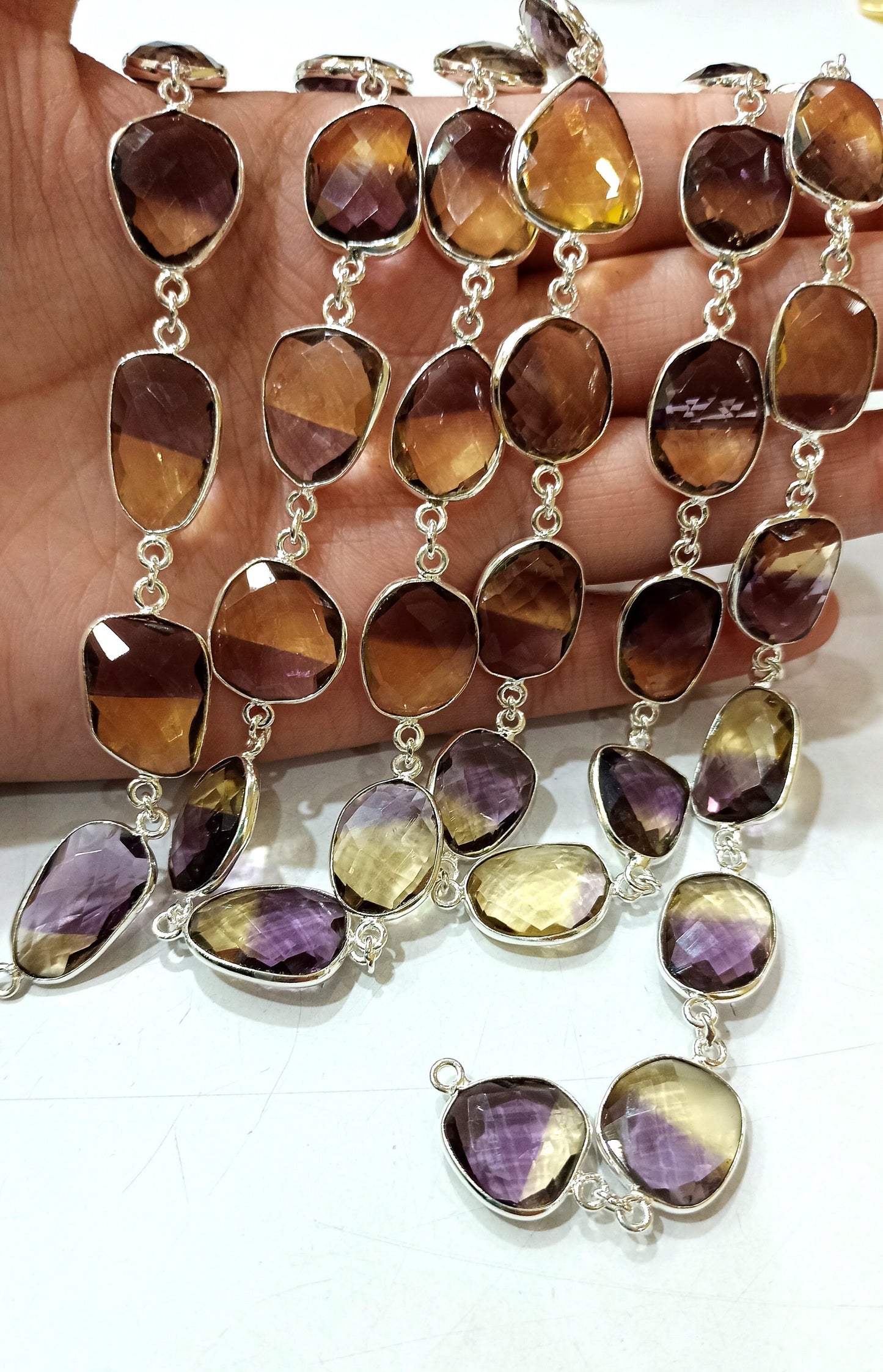 Ametrine Quartz Briolette Free Shape 12 to 15mm Bezel Connector Chain Sold Per Foot Best Quality Chain