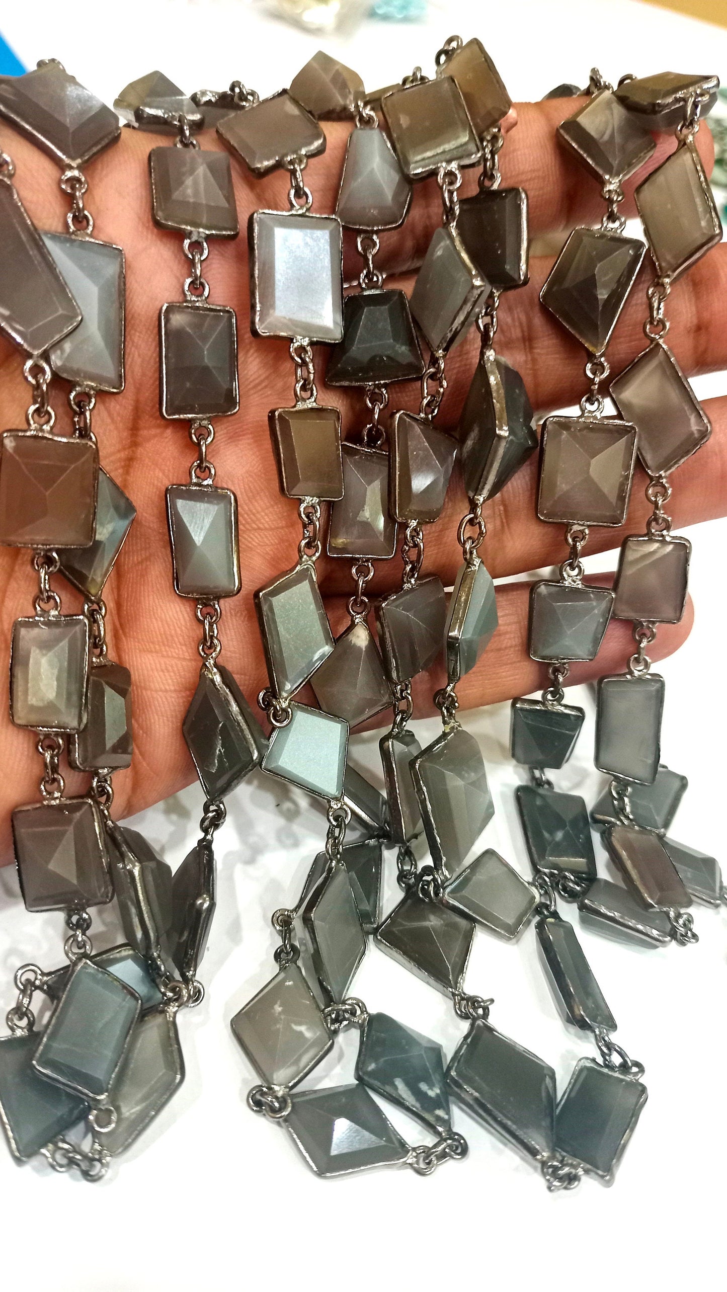 Natural Grey Moonstone Free Nugget Shape Laser Cut 12 to 15 mm Connector Link Chain Sold Per Foot High Quality Black plated chain