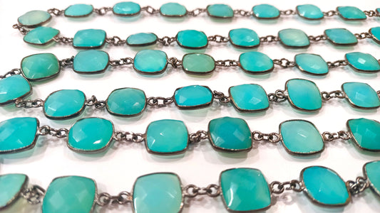 Natural Aqua Blue Chalcedony Cushion Shape 12 to 13mm Gemstone Bezel Connector Chain Sold Per Foot Great Quality Black plated Chain