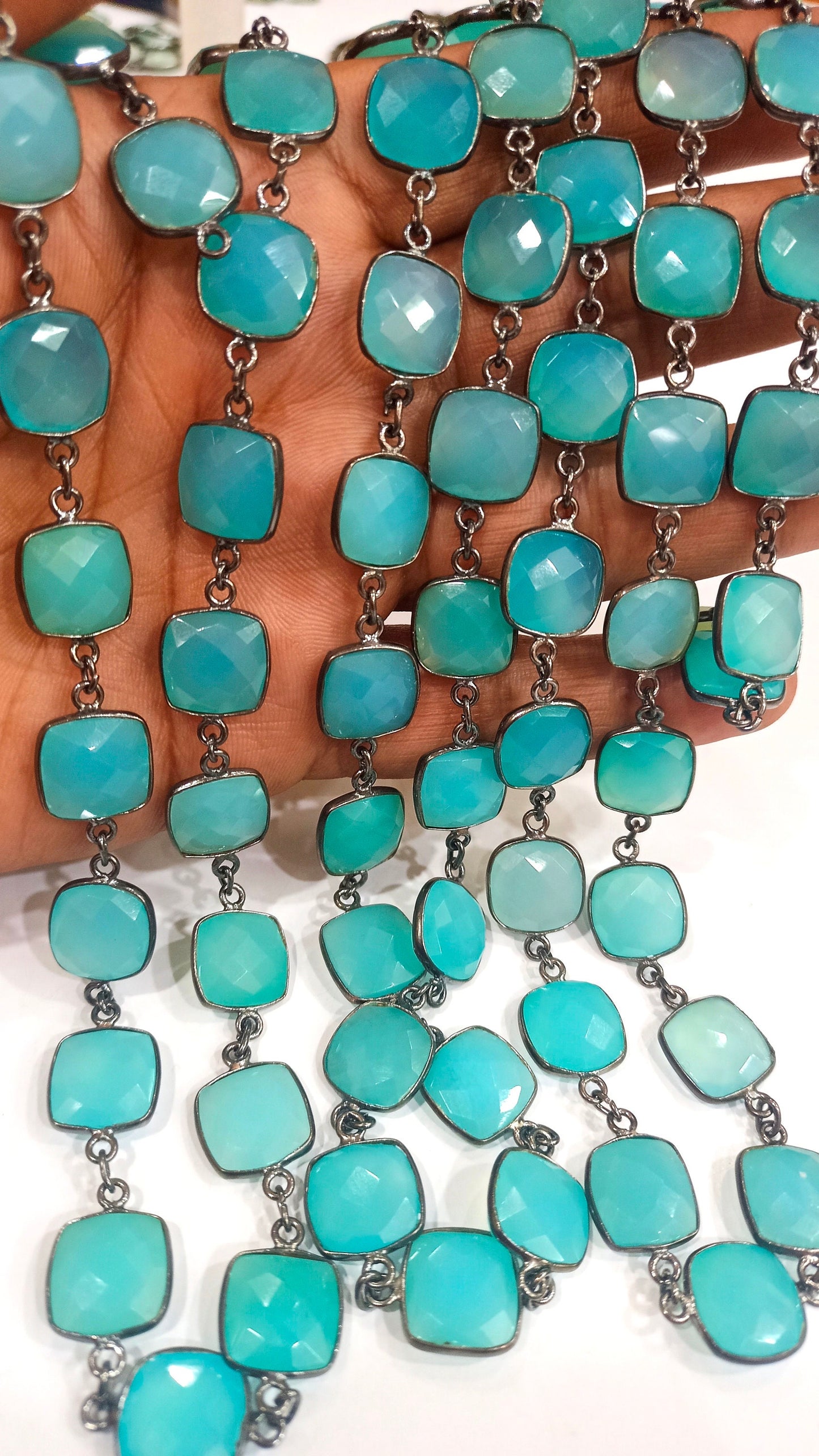 Natural Aqua Blue Chalcedony Cushion Shape 12 to 13mm Gemstone Bezel Connector Chain Sold Per Foot Great Quality Black plated Chain