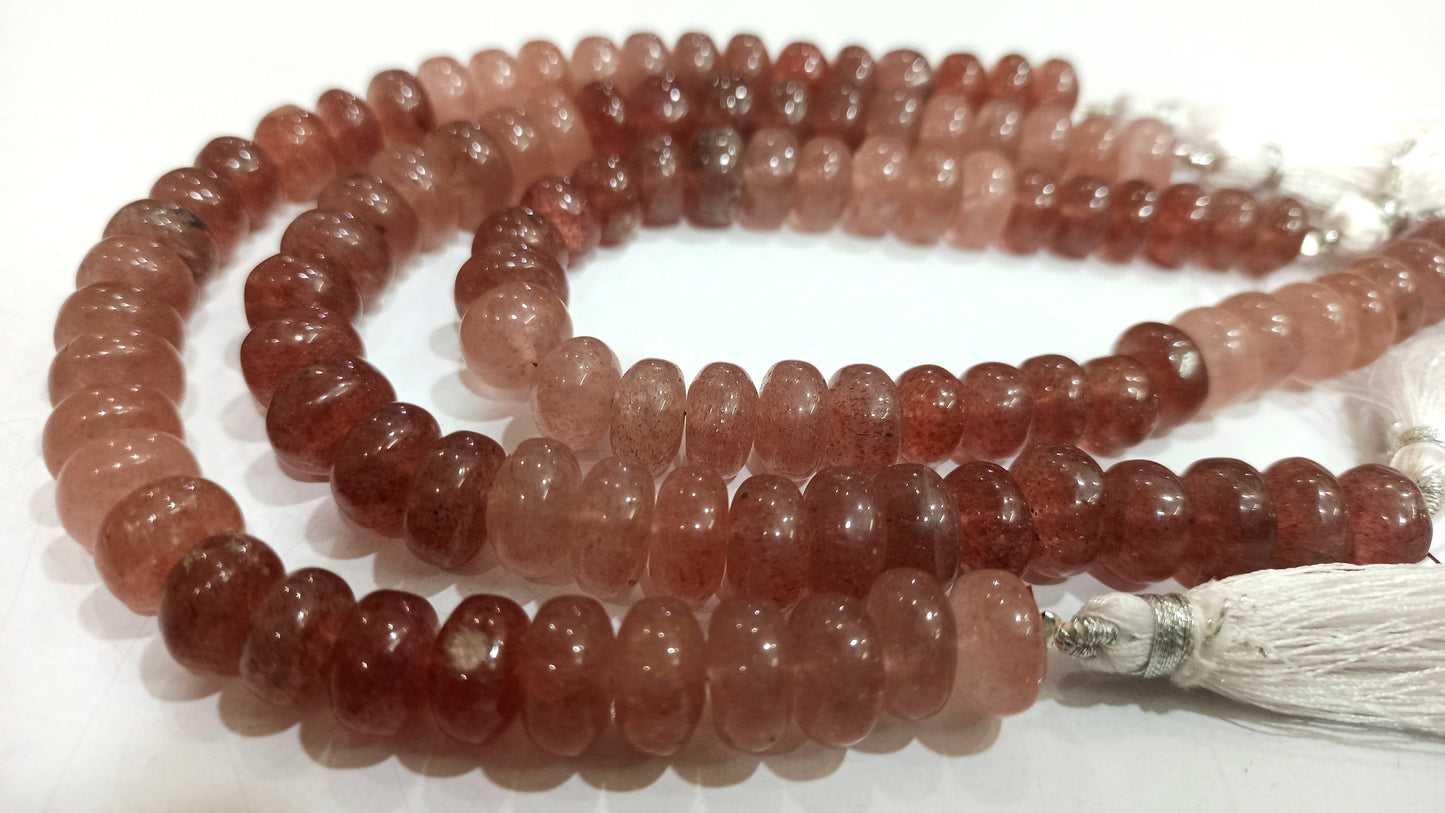 Natural Pink strawberry Quartz Rondelle Plain Smooth 8 to10mm Beads Sold Per Strand 8 inches Long