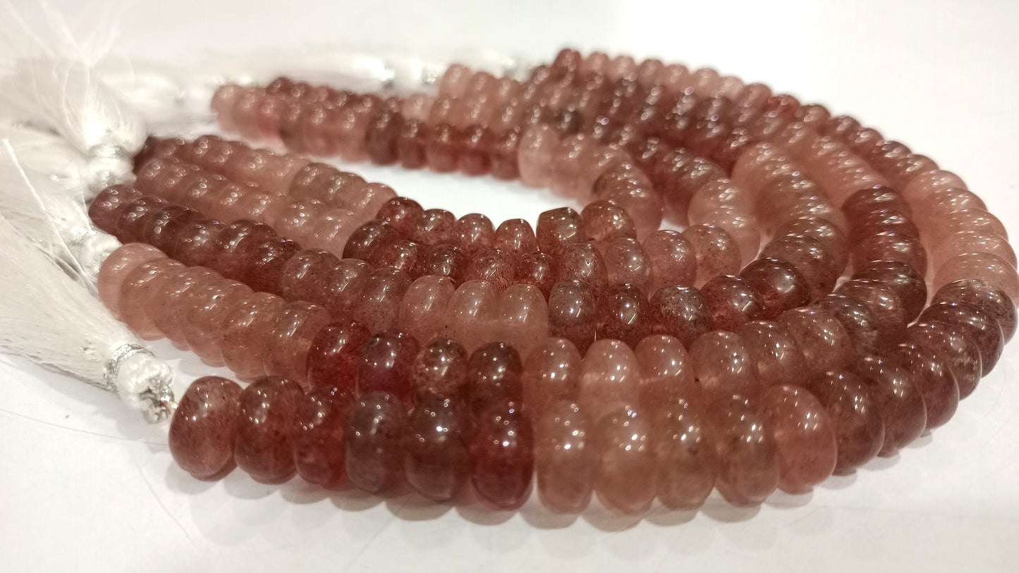 Natural Pink strawberry Quartz Rondelle Plain Smooth 8 to10mm Beads Sold Per Strand 8 inches Long