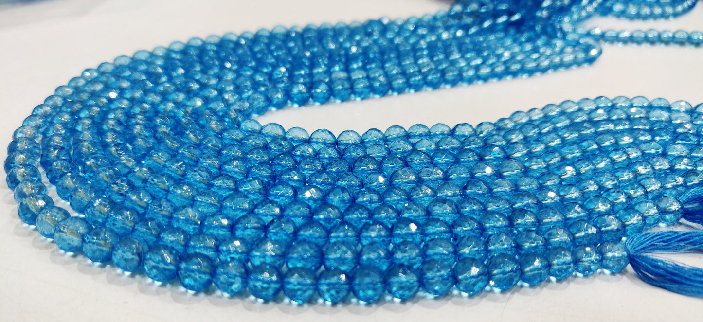 Natural Topaz Swiss Blue color Round Ball Shape Faceted 6mm Beads Sold Per Strand 13 Inches Long Best Quality Beads