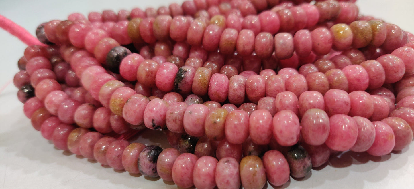 Natural Rhodonite Gemstone Rondelle Plain smooth 8mm Beads Sold per strand 8 inches long Pink stone Untreated beads