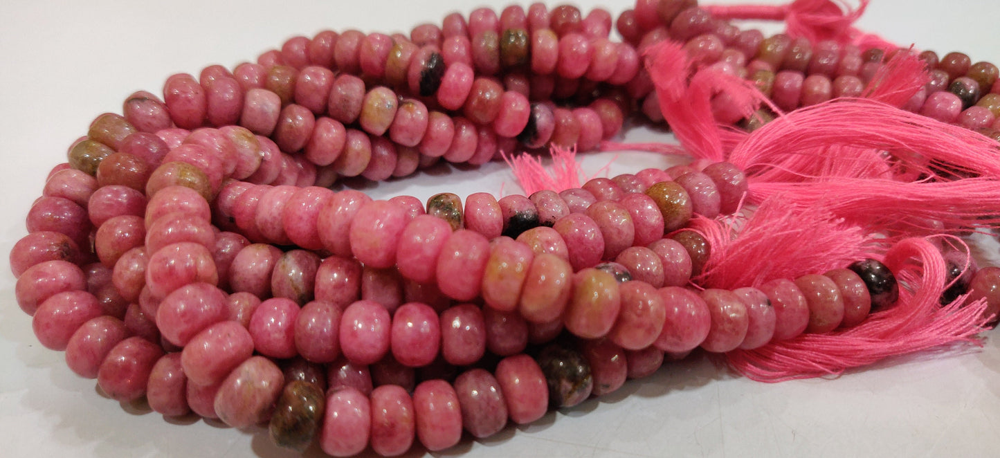 Natural Rhodonite Gemstone Rondelle Plain smooth 8mm Beads Sold per strand 8 inches long Pink stone Untreated beads