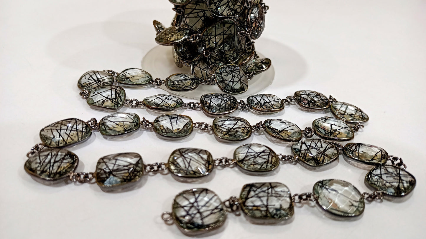 Black Rutilated Quartz Briolette Free Shape 12 to 15mm Bezel Connector Chain Sold Per Foot Best Quality Chain