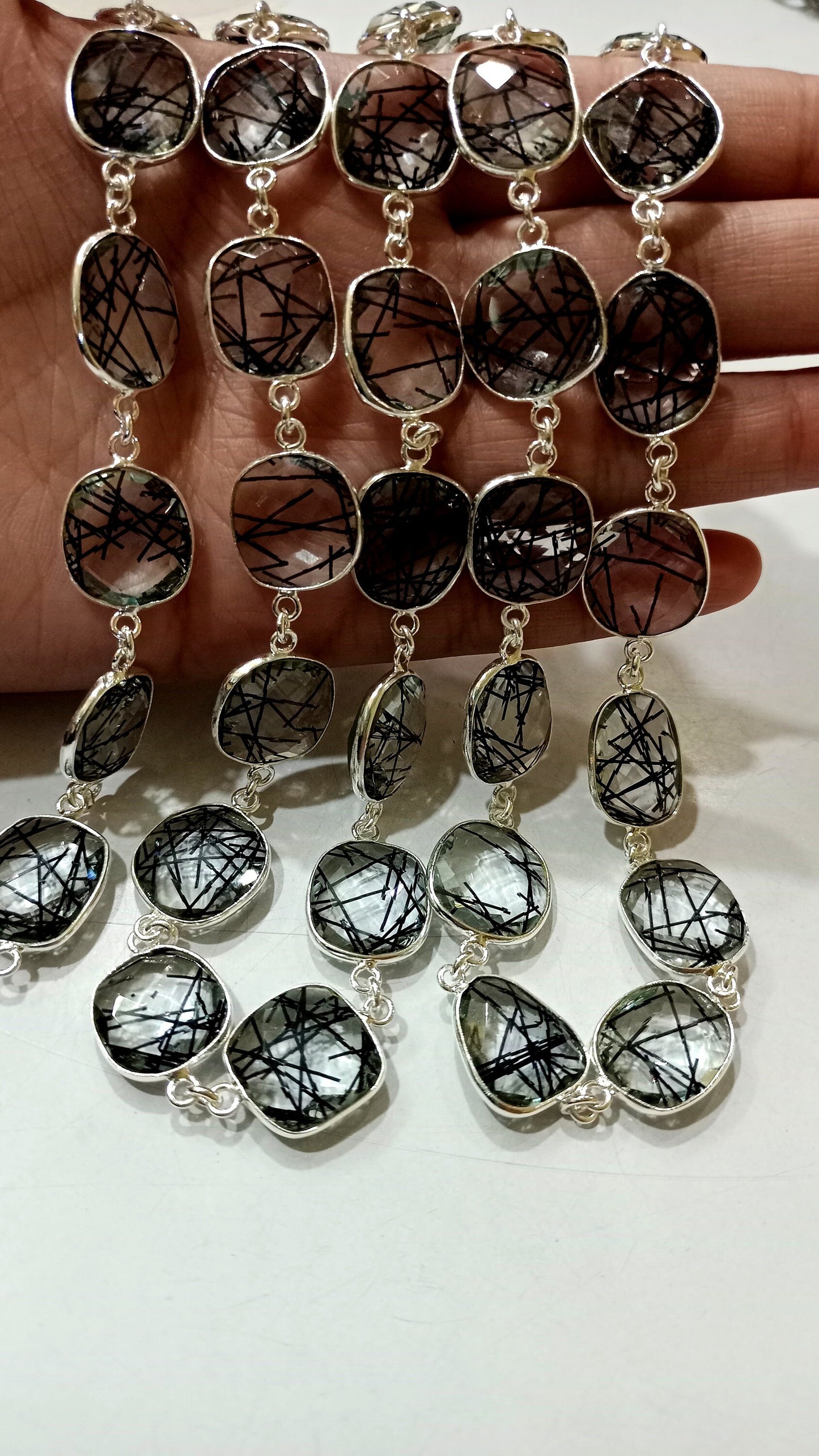 Black Rutilated Quartz Briolette Free Shape 12 to 15mm Bezel Connector Chain Sold Per Foot Best Quality Chain