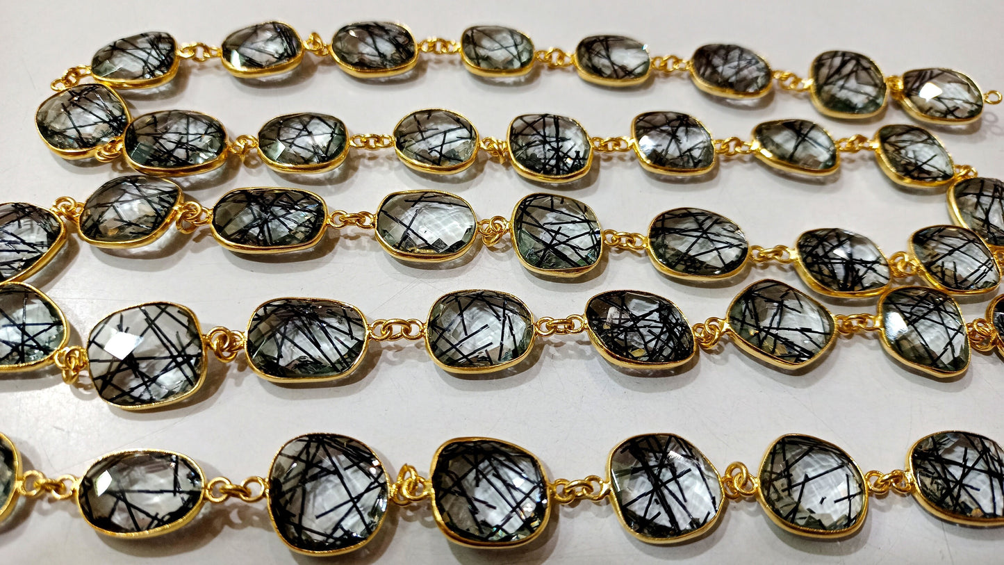 Black Rutilated Quartz Briolette Free Shape 12 to 15mm Bezel Connector Chain Sold Per Foot Best Quality Chain