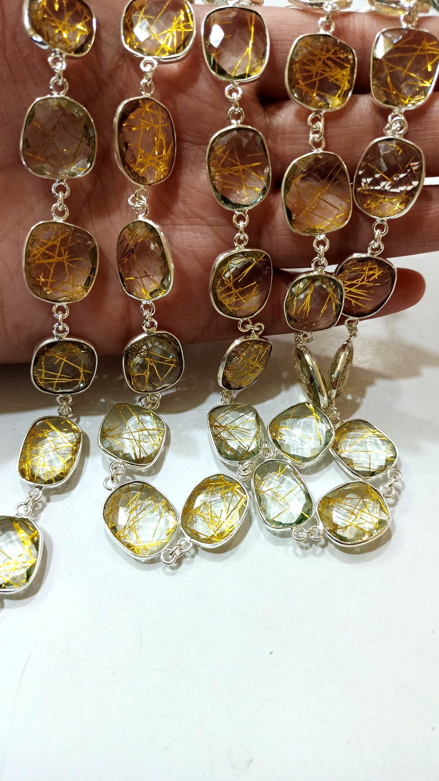 Yellow Rutilated Quartz Briolette Free Shape 12 to 15mm Bezel Connector Chain Sold Per Foot Best Quality Chain