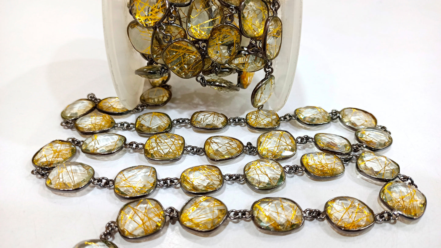Yellow Rutilated Quartz Briolette Free Shape 12 to 15mm Bezel Connector Chain Sold Per Foot Best Quality Chain