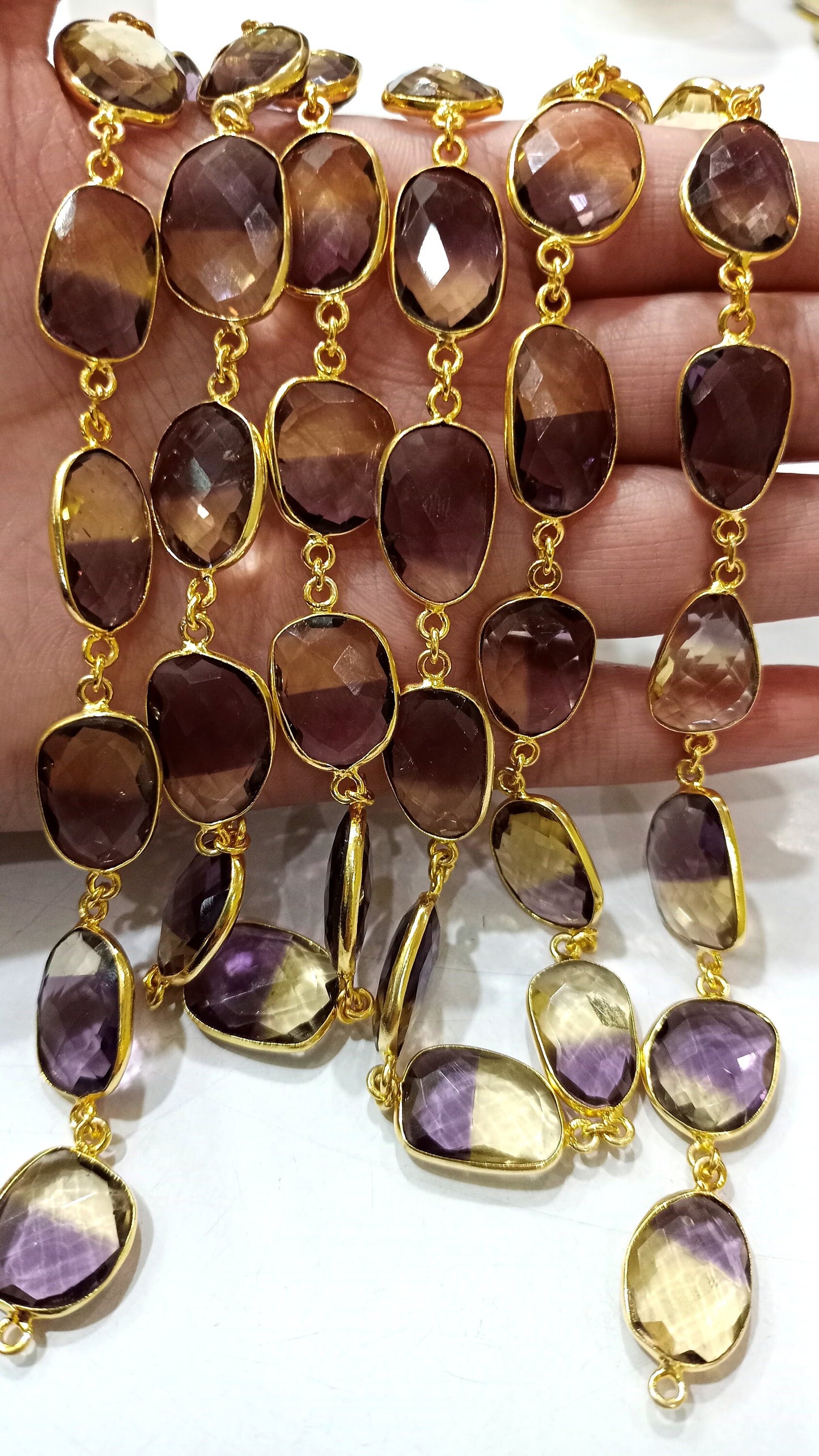 Ametrine Quartz Briolette Free Shape 12 to 15mm Bezel Connector Chain Sold Per Foot Best Quality Chain