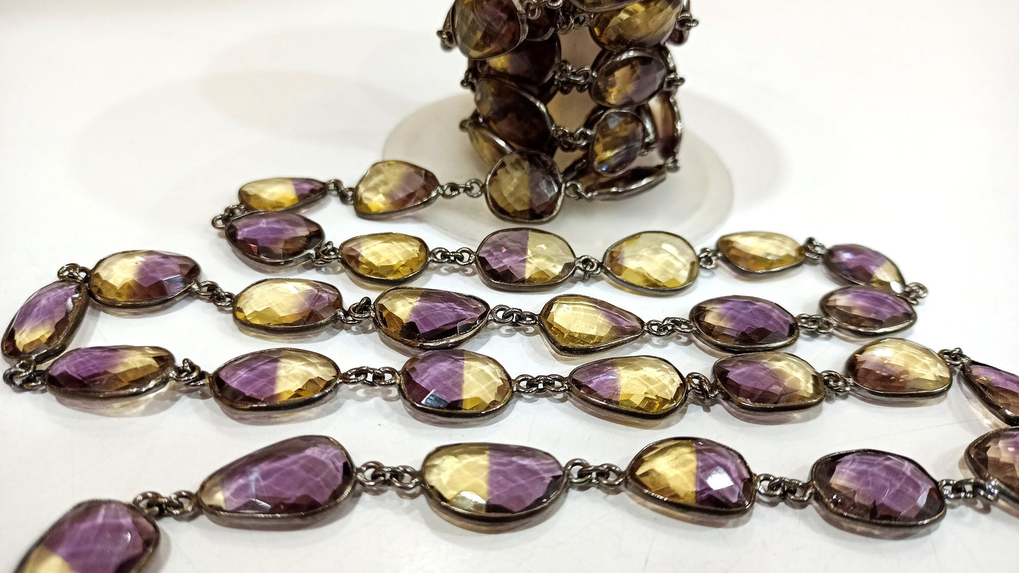 Ametrine Quartz Briolette Free Shape 12 to 15mm Bezel Connector Chain Sold Per Foot Best Quality Chain