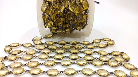 Lemon Quartz Oval Shape Briolette 12 x 20mm Bezel Connector Chain Sold Per Foot Great Quality Black Plating Chain.