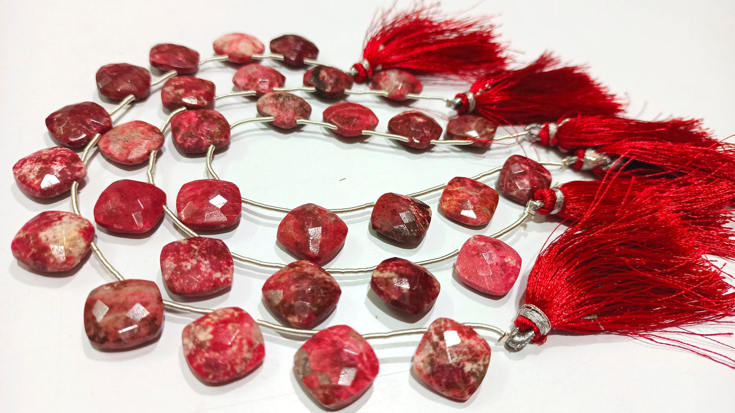 Natural Thulite Gemstone Cushion Shape 14mm Faceted Beads Sold Per Strand 8 Inches Long Great Quality Beads