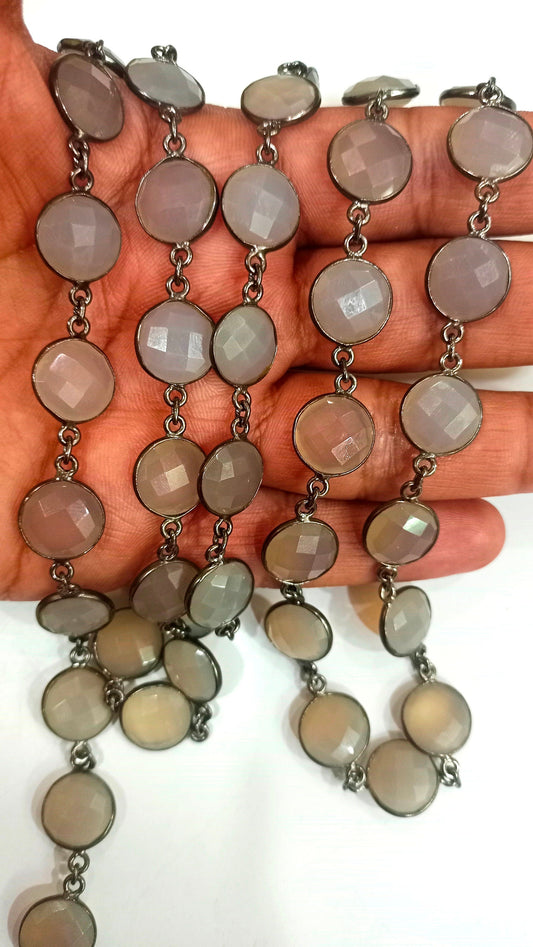 Natural Grey Moonstone Coin Shape Briolette 13mm Bezel Connector Chain Sold Per Foot Great Quality Black Plated chain