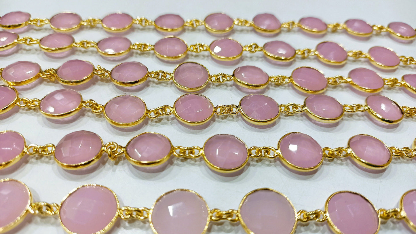 Natural Pink Chalcedony Briolette Coin Shape 12mm Bezel connector chain Sold per Foot Great Quality chain