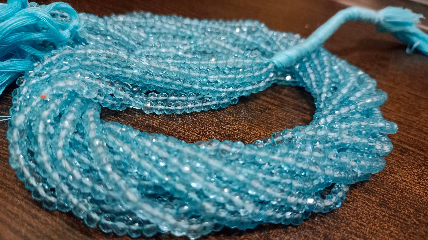 Natural Sky Blue Topaz Rondelle Faceted 3.5-4mm  Beads Sold Per Strand 13 Inches Long Great Quality Gemstone Beads