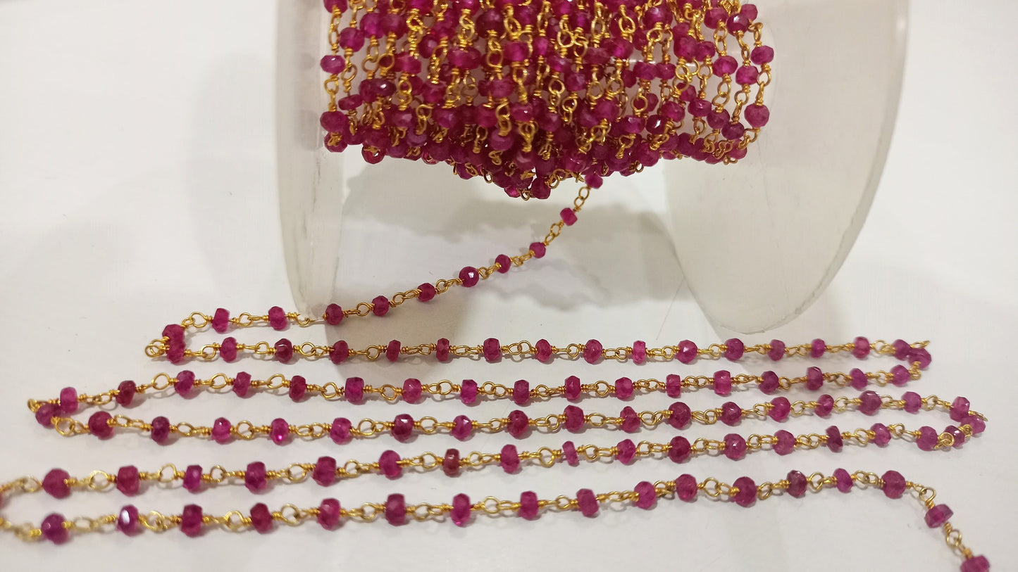 Ruby 3mm Rondelle Faceted Rosary Beaded Sterling Silver Chain Sold Per Foot Great Quality Chain