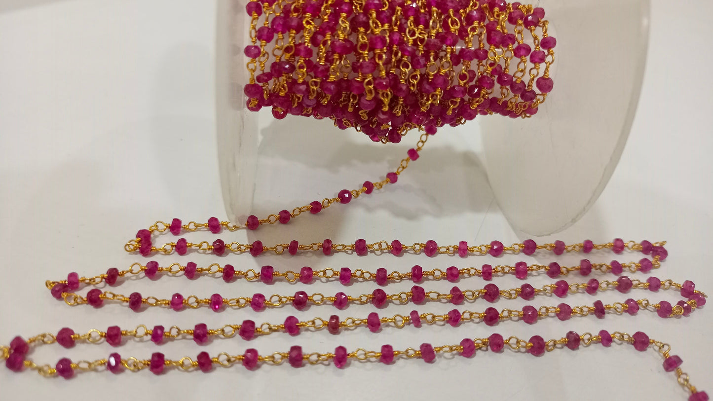 Ruby 3mm Rondelle Faceted Rosary Beaded Sterling Silver Chain Sold Per Foot Great Quality Chain