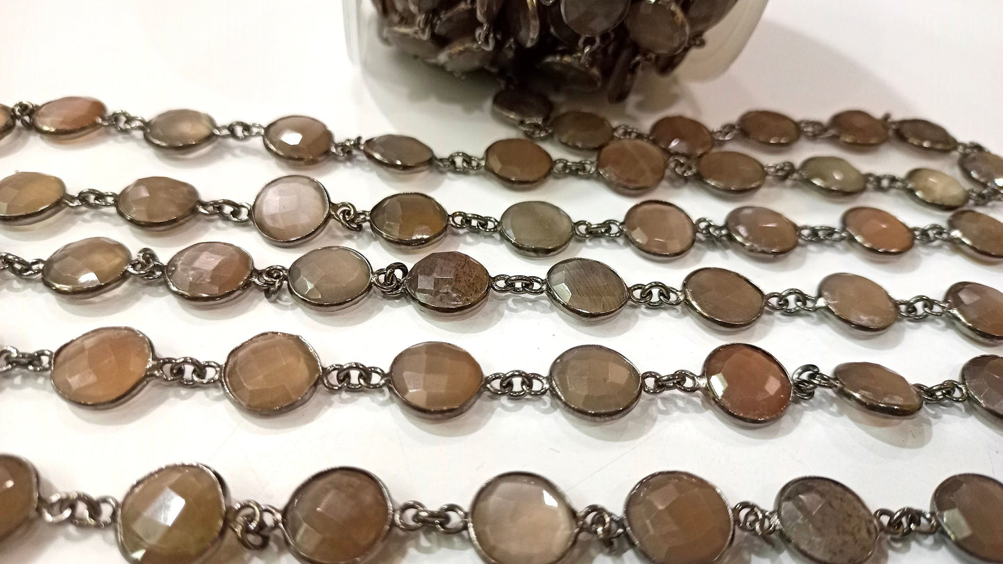 Natural Grey Moonstone Coin Shape Briolette 11 mm Bezel Connector Chain Sold Per Foot Great Quality Black Plated chain