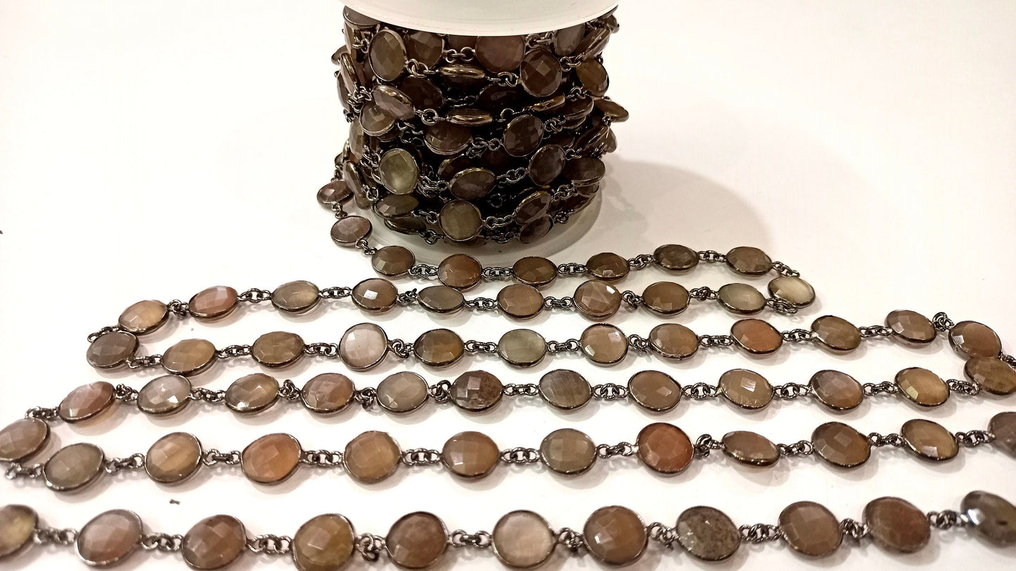 Natural Grey Moonstone Coin Shape Briolette 11 mm Bezel Connector Chain Sold Per Foot Great Quality Black Plated chain
