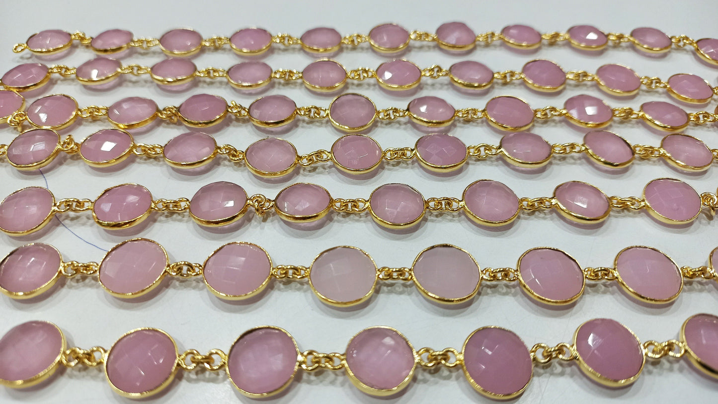 Natural Pink Chalcedony Briolette Coin Shape 12mm Bezel connector chain Sold per Foot Great Quality chain
