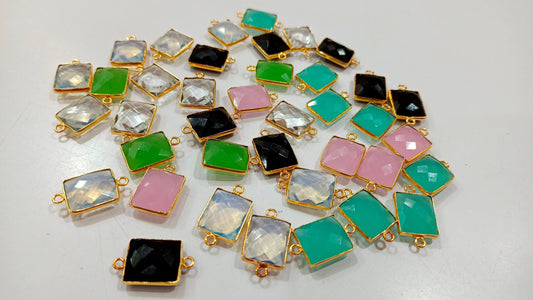 Natural Multi Gemstone Rectangle Shape 12x14mm Double Loop  Bezel Connector Charms For Jewelry Making You can Choose Stone and Plating