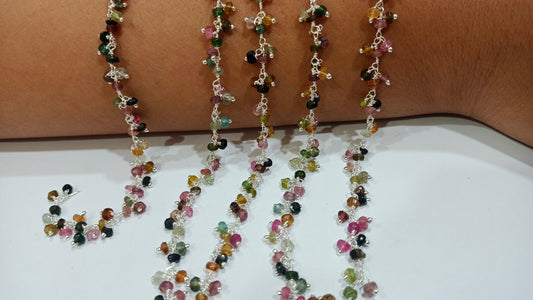 Natural Multi Tourmaline Faceted Cluster Rosery  3-4mm Wire Wrap Dangling  Jewelry making Cluster Chain sold Per foot