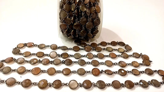 Natural Grey Moonstone Coin Shape Briolette 11 mm Bezel Connector Chain Sold Per Foot Great Quality Black Plated chain