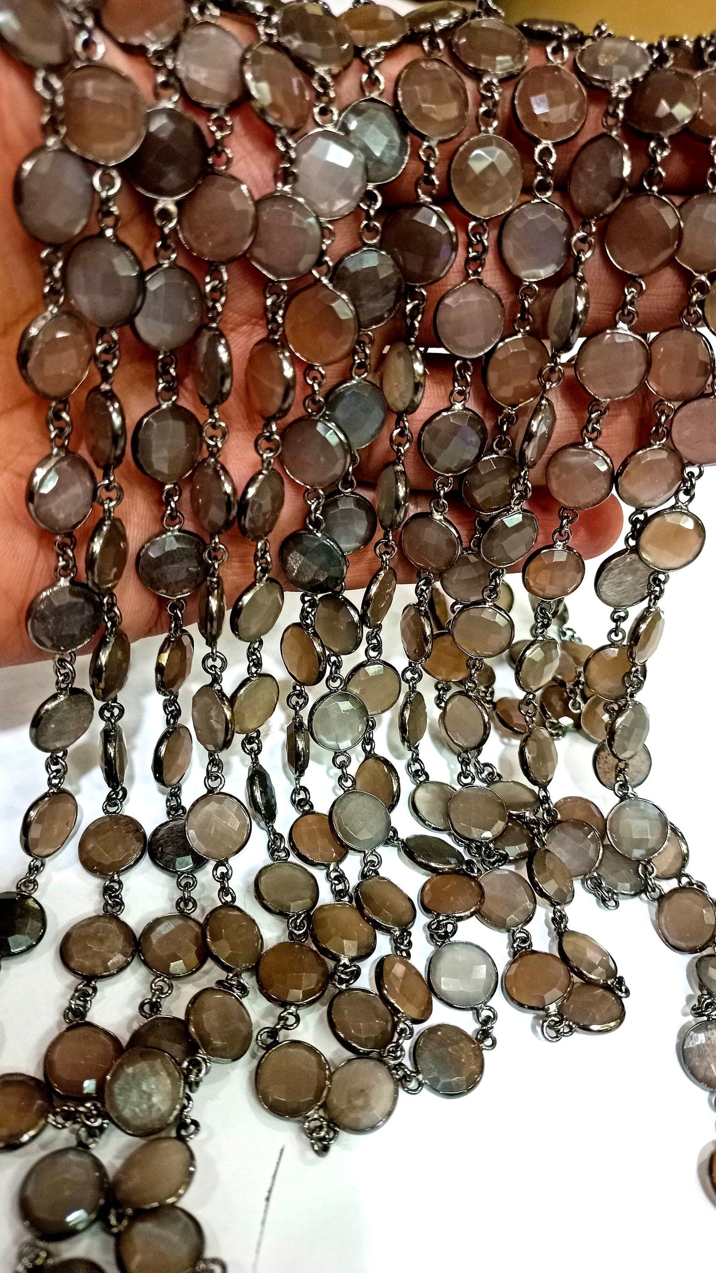 Natural Grey Moonstone Coin Shape Briolette 11 mm Bezel Connector Chain Sold Per Foot Great Quality Black Plated chain