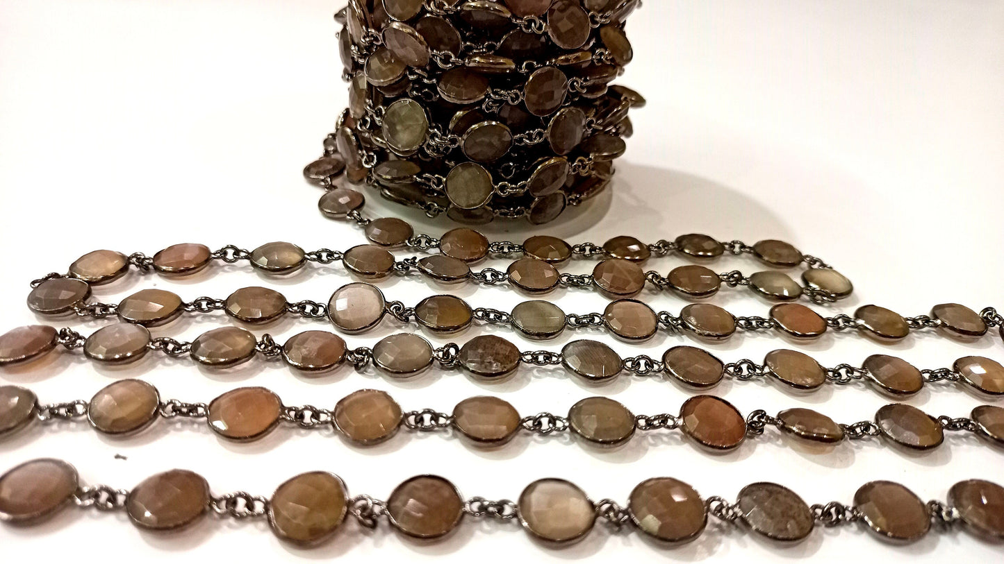 Natural Grey Moonstone Coin Shape Briolette 11 mm Bezel Connector Chain Sold Per Foot Great Quality Black Plated chain