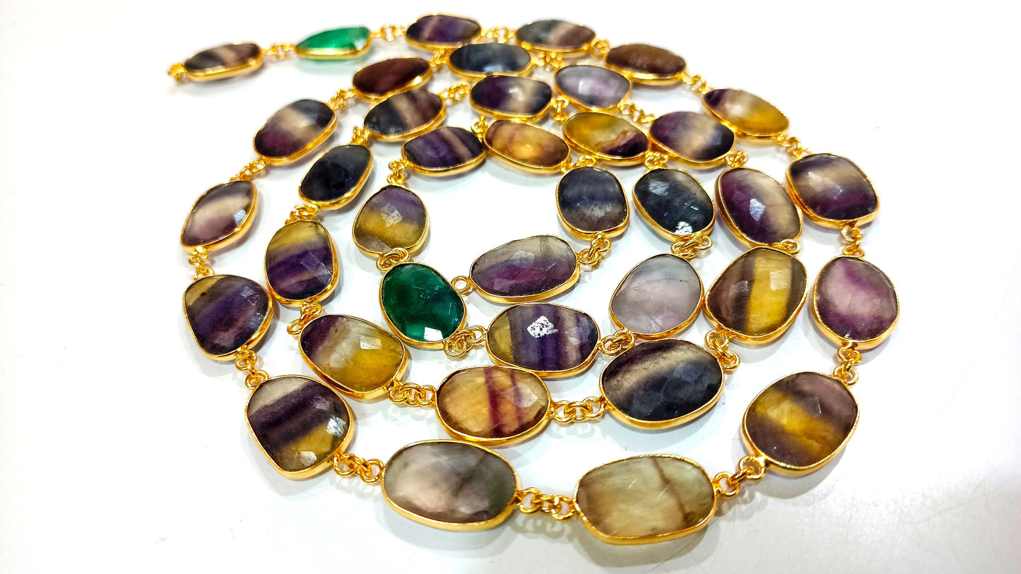 Natural Fluorite Gemstone Briolette Free Shape 10 to 15mm bezel Connector Chain Sold Per Foot Multi Fluorite Gemstone Chain