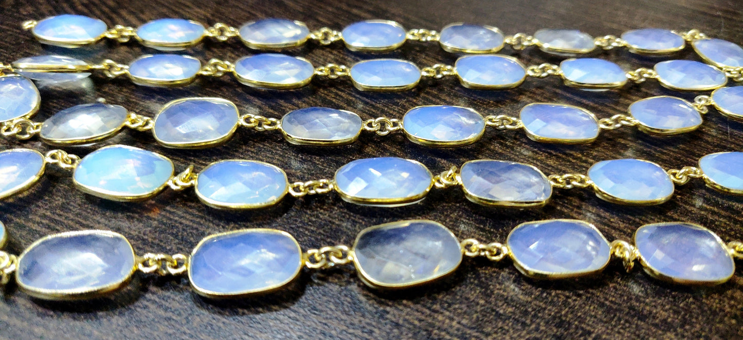 White Opalite Free Shape Briolette Faceted 10to15mm Bezel Connector Chain sold per Foot Gemstone Chain
