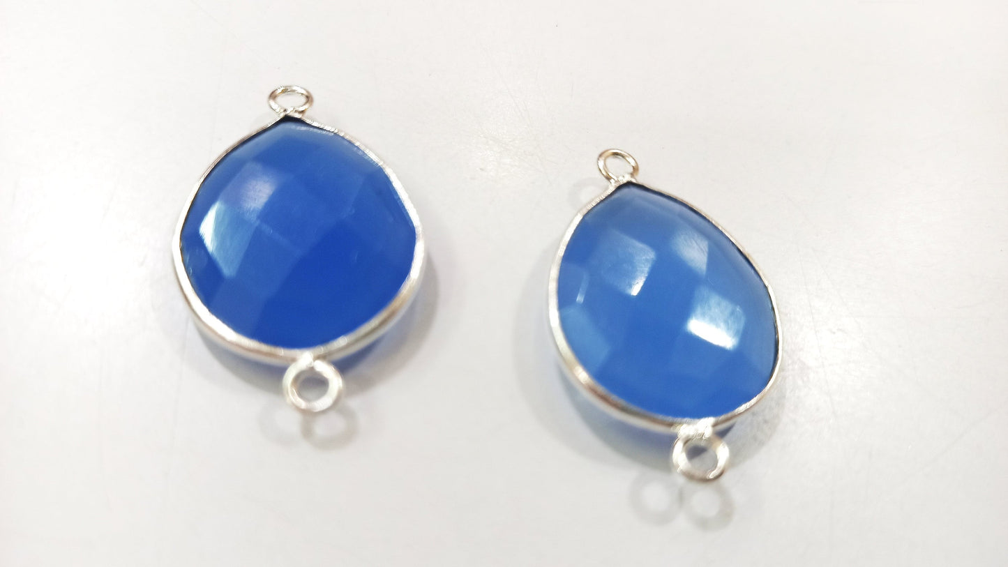 Blue Chalcedony Hydro Quartz Briolette Pear Shape Bezel Connector 15x18mm Size Double Loop Charms