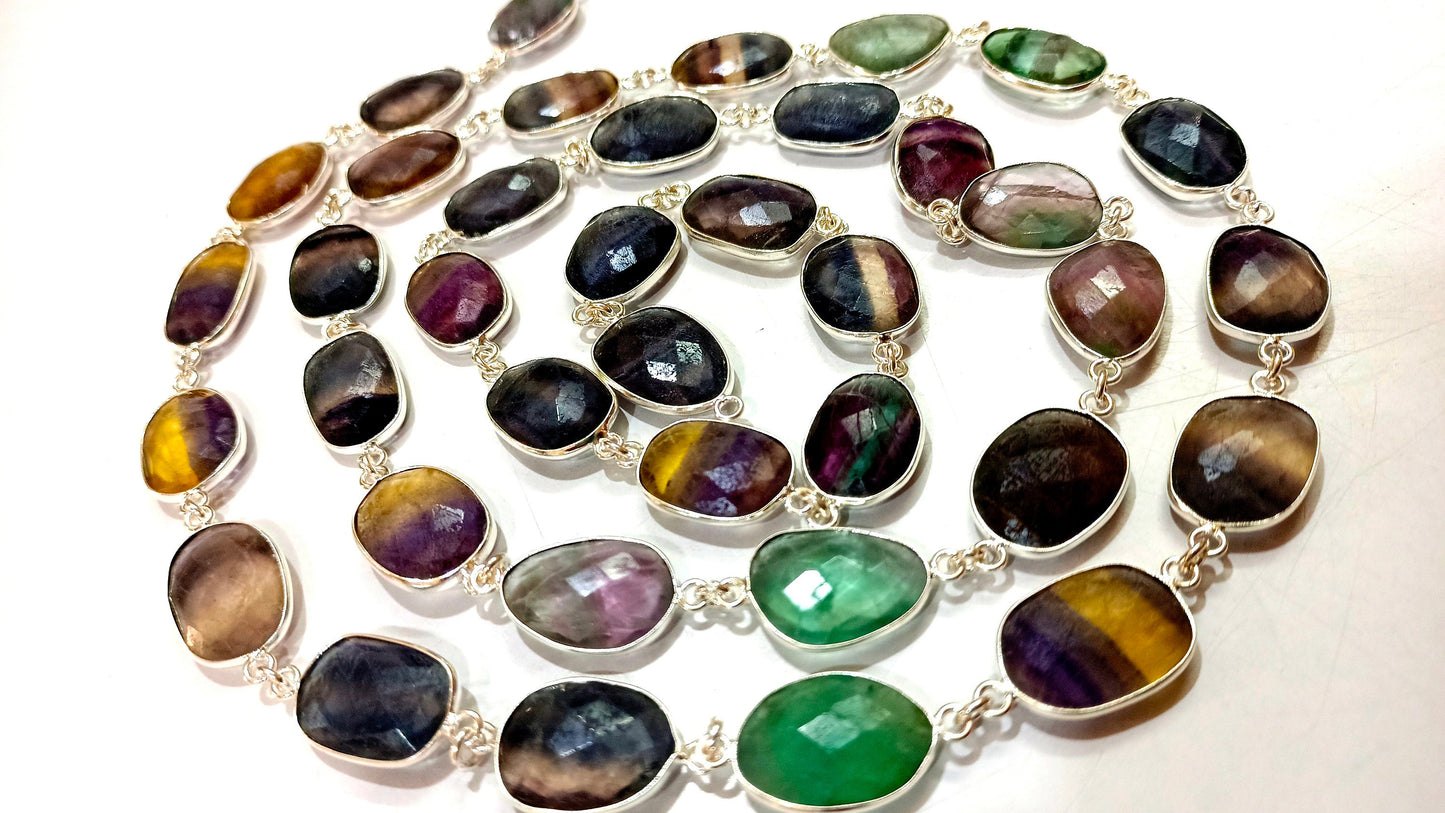 Natural Fluorite Gemstone Briolette Free Shape 10 to 15mm bezel Connector Chain Sold Per Foot Multi Fluorite Gemstone Chain