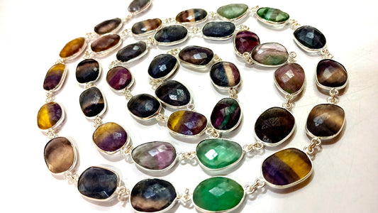 Natural Fluorite Gemstone Briolette Free Shape 10 to 15mm bezel Connector Chain Sold Per Foot Multi Fluorite Gemstone Chain