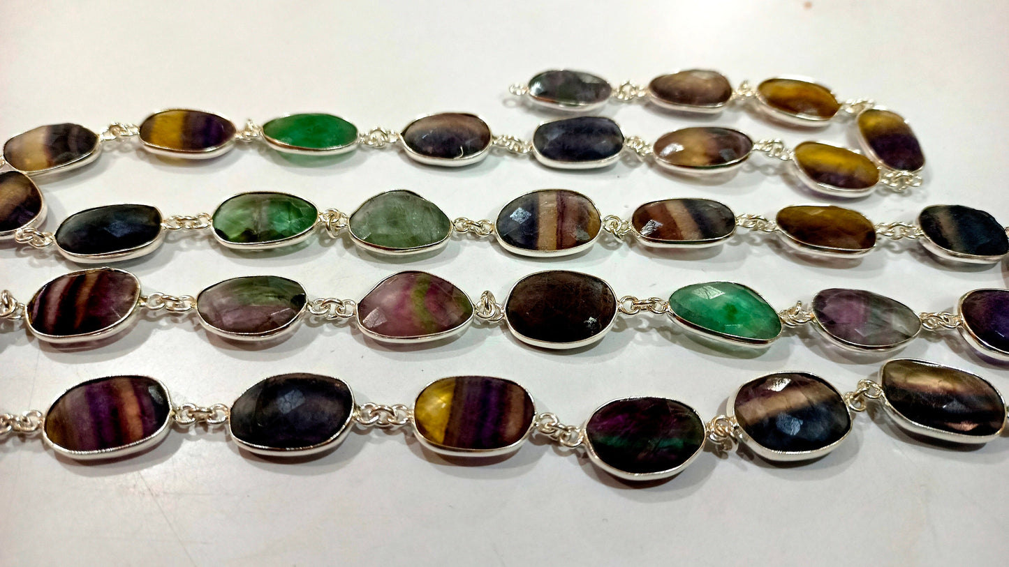 Natural Fluorite Gemstone Briolette Free Shape 10 to 15mm bezel Connector Chain Sold Per Foot Multi Fluorite Gemstone Chain