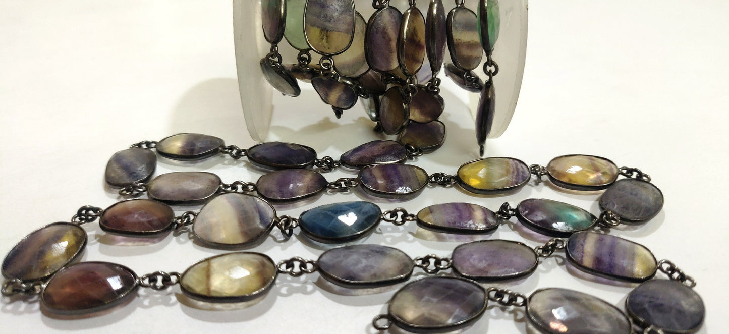 Natural Fluorite Gemstone Briolette Free Shape 10 to 15mm bezel Connector Chain Sold Per Foot Multi Fluorite Gemstone Chain