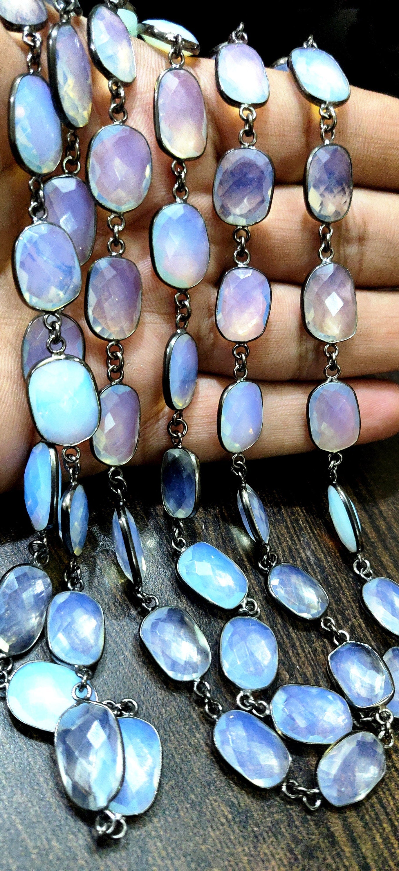 White Opalite Free Shape Briolette Faceted 10to15mm Bezel Connector Chain sold per Foot Gemstone Chain