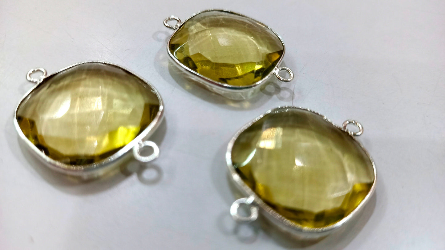 Lemon Hydro Quartz Briolette Cushion  Shape Bezel Connector 18mm Double  Loop Charms