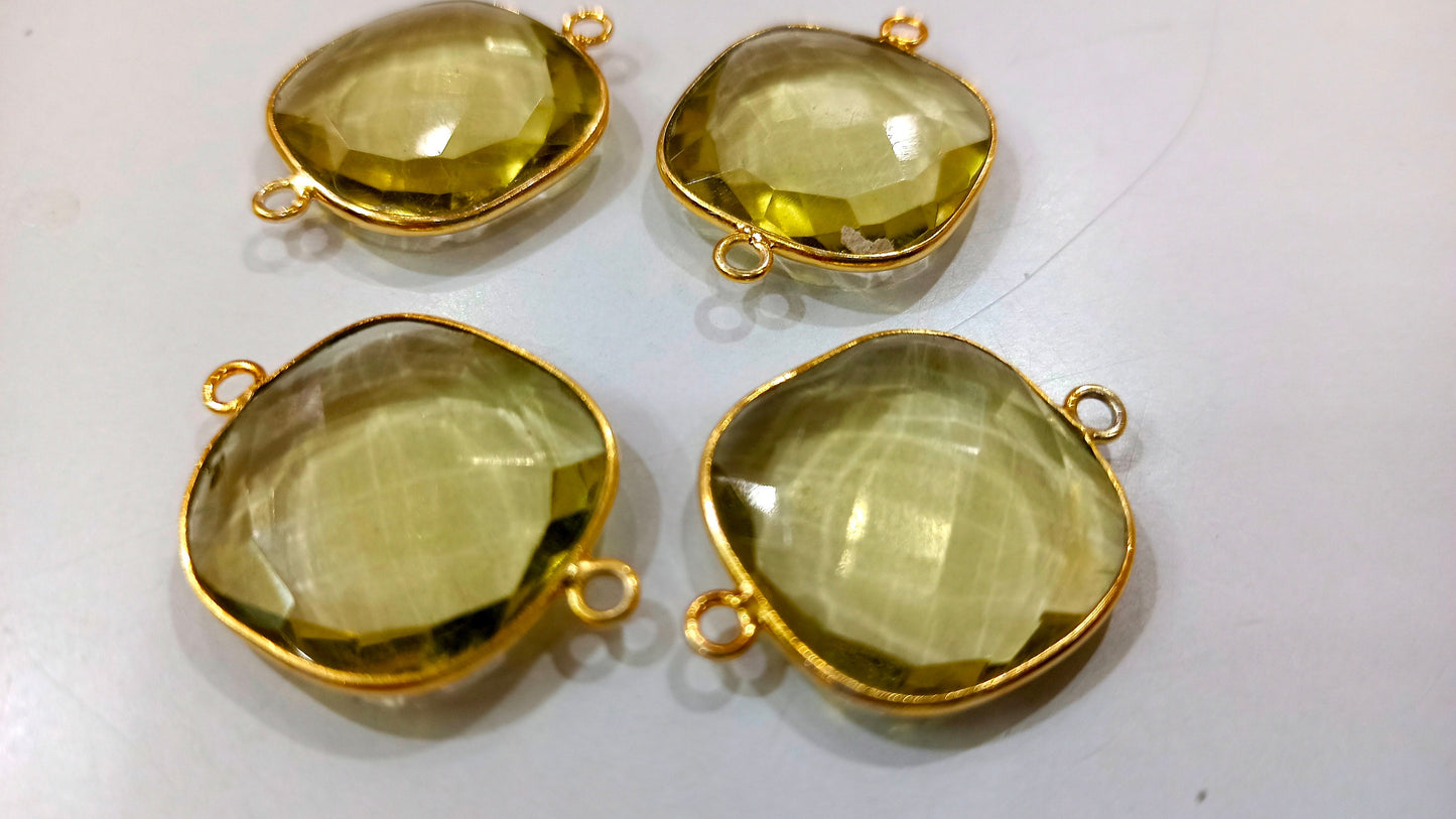 Lemon Hydro Quartz Briolette Cushion  Shape Bezel Connector 18mm Double  Loop Charms